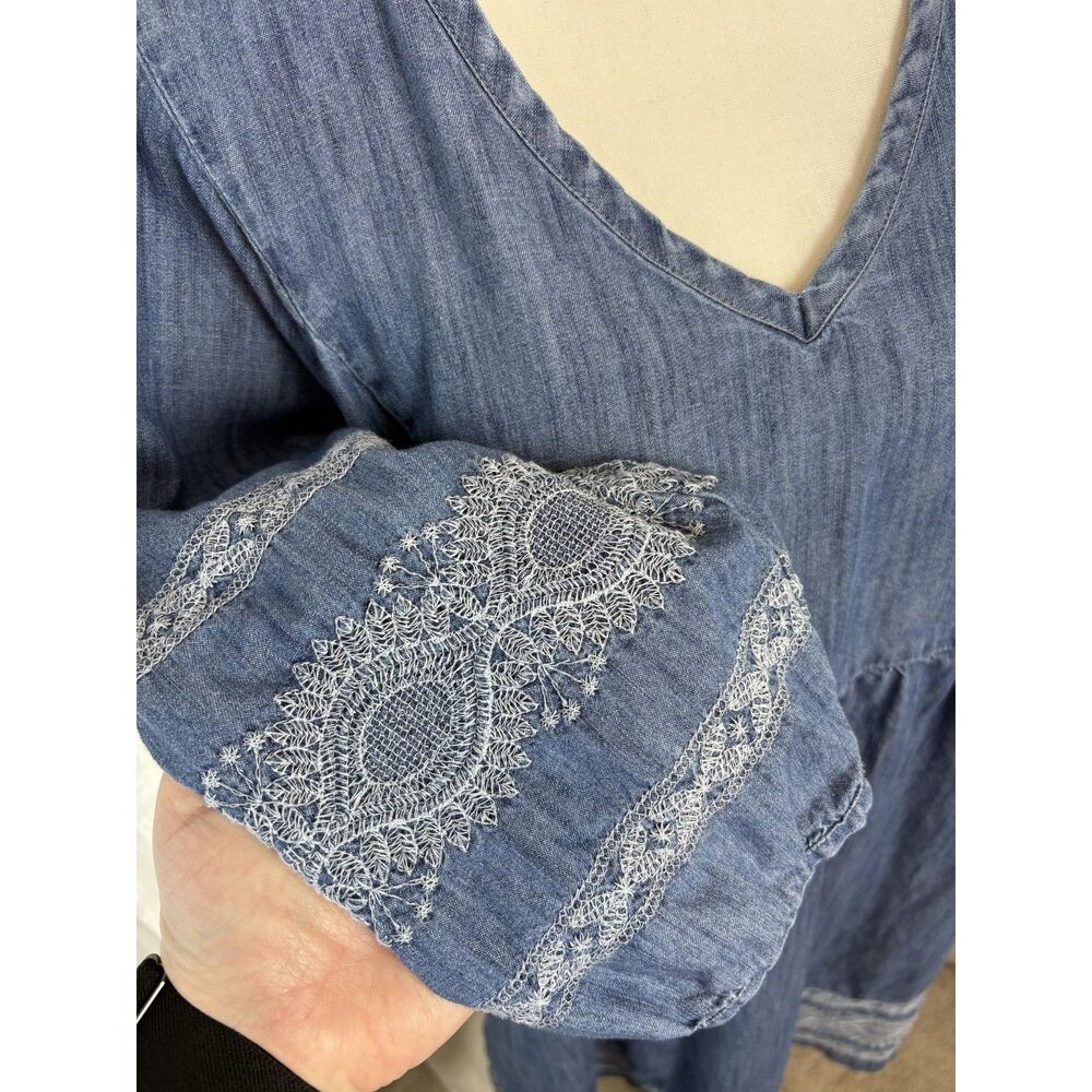 J Jill Denim Blue Jean Dress Embroidered  Summer Knee Length Dress Size Large L - Picture 7 of 8